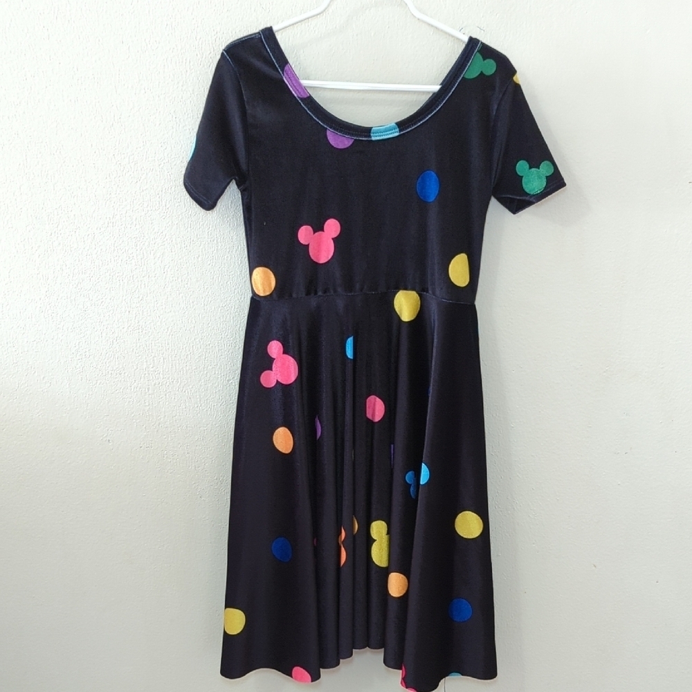 Wild Rich Kids Mickey Mouse Dress Black Velvet Colorful Polks Dots Size 9/10